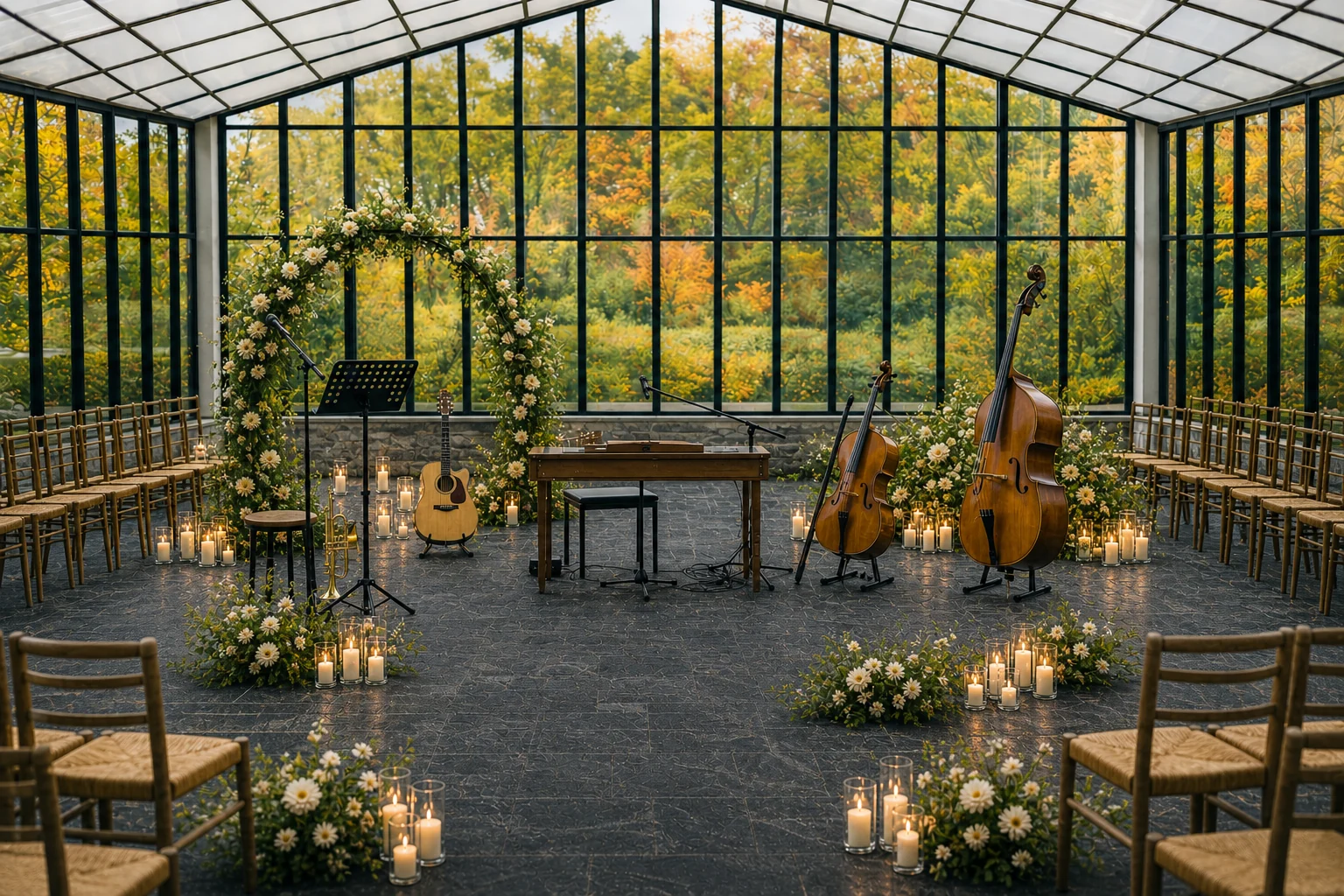 Koncertopsætning i PARK13 med blomster, levende lys og instrumenter klar i eftermiddagslys.