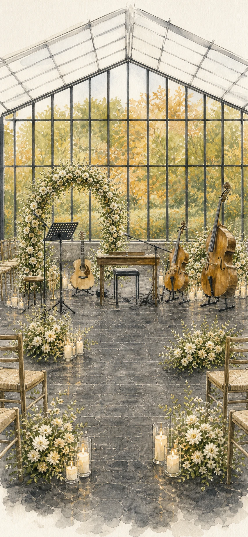 Akvarelillustration af en intim bryllupskoncert i et glashus med blomster, instrumenter og levende lys.